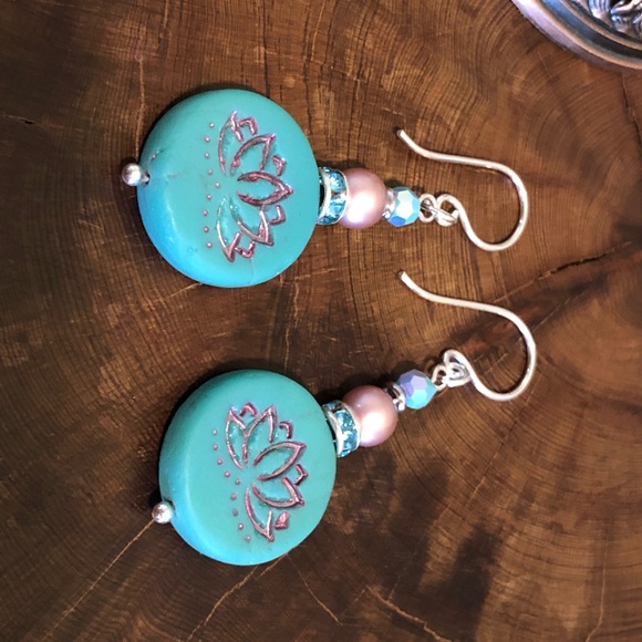 Teal Lotus Earrings - Lotus Jewelry, Lotus Pose - Picture 2 of 5